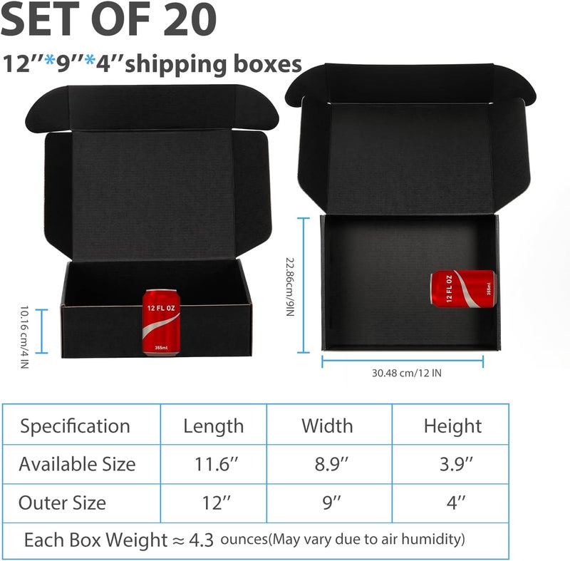 DUZCLI Small Shipping Boxes 12x9x4 Inches – Black Corrugated Cardboard Boxes (20-Pack) for Mailing, Packing, Small Business & Gift Packaging - Recyclable & Sturdy - Image 2